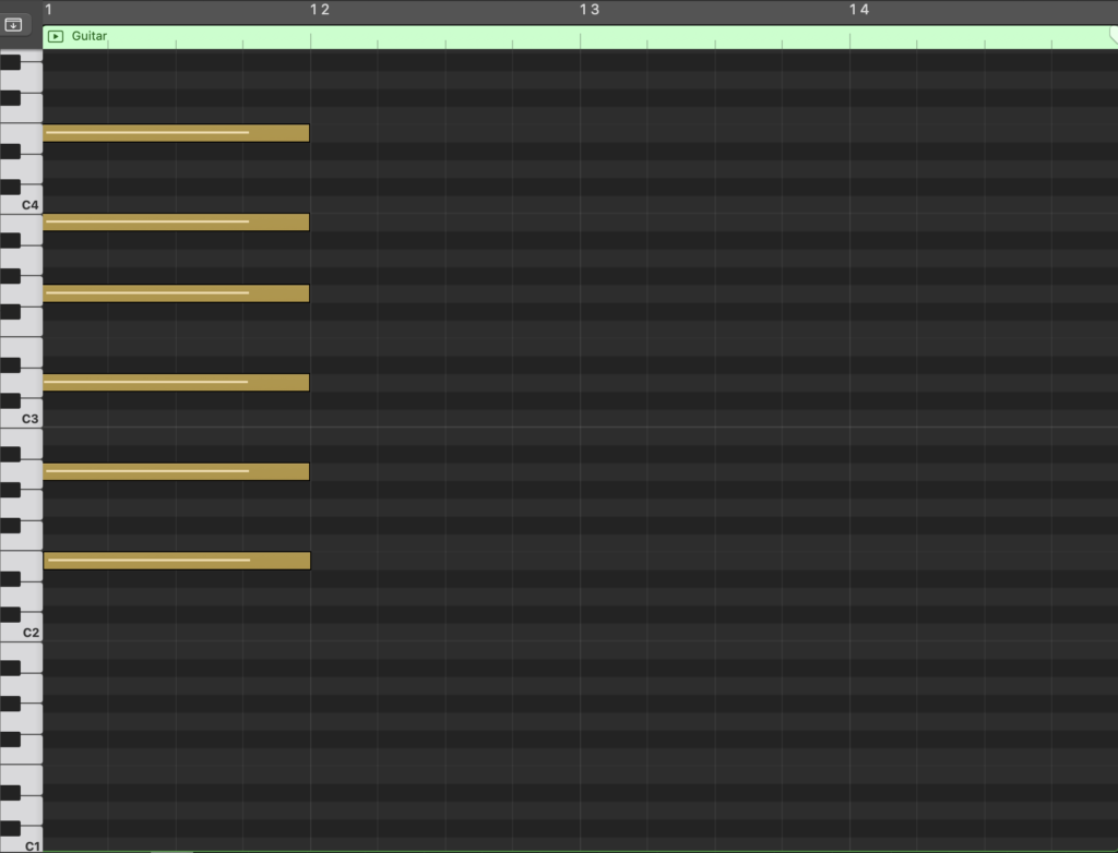 The open strings of a guitar expressed in MIDI